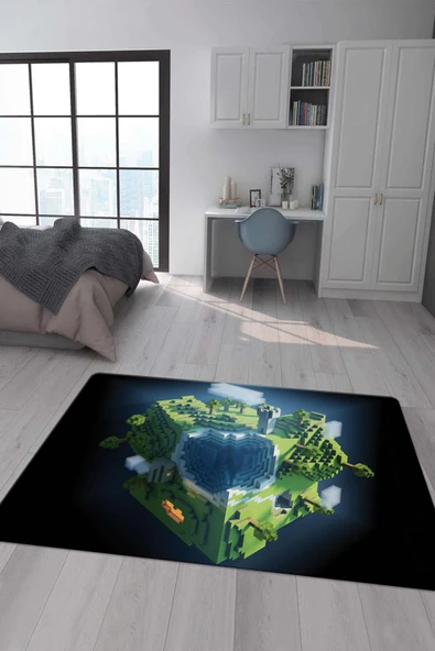 Kaymaz Taban Makinada Yıkanabilir Dijital Baskı Mineeecraft Desenli Genç Odası Halısı RENKLİ 100 X 300