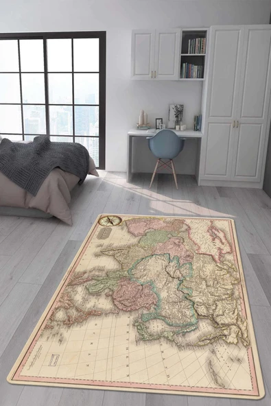 Kaymaz Taban Makinada Yıkanabilir Dijital Baskı Dünya Haritası Desenli Genç Odası Halısı RENKLİ 200 X 300
