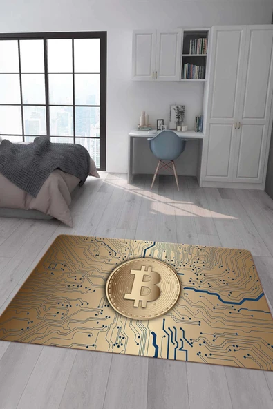 Kaymaz Taban Makinada Yıkanabilir Dijital Baskı Bitcoin Desenli Genç Odası Halısı RENKLİ 200 X 300