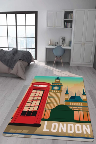 Kaymaz Taban Makinada Yıkanabilir Dijital Baskı London Desenli Genç Odası Halısı RENKLİ 200 X 300