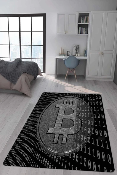 Kaymaz Taban Makinada Yıkanabilir Dijital Baskı Bitcoin Desenli Genç Odası Halısı RENKLİ 80 X 300