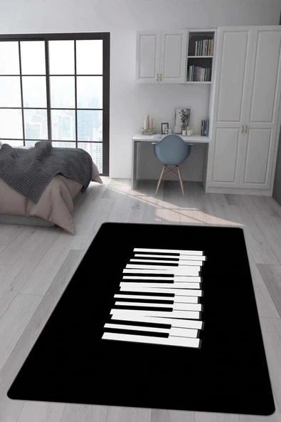 Kaymaz Taban Makinada Yıkanabilir Dijital Baskı Piyano Desenli Genç Odası Halısı RENKLİ 100 X 200