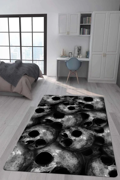 Kaymaz Taban Makinada Yıkanabilir Dijital Baskı Kuru Kafa Desenli Genç Odası Halısı RENKLİ 80 X 150