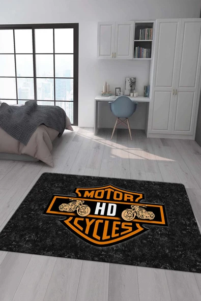 Kaymaz Taban Makinada Yıkanabilir Dijital Baskı GOLD Motor Desenli Genç Odası Halısı RENKLİ 180 X 280