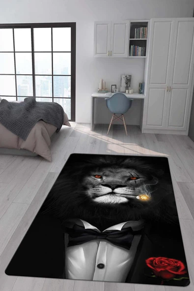 Kaymaz Taban Makinada Yıkanabilir Dijital Baskı Aslan Desenli Genç Odası Halısı RENKLİ 200 X 300