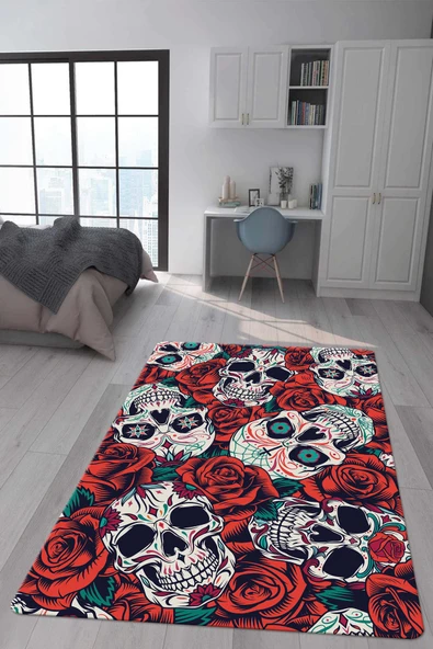 Kaymaz Taban Makinada Yıkanabilir Dijital Baskı Gül ve Kuru Kafa Desenli Genç Odası Halısı RENKLİ 140 X 200