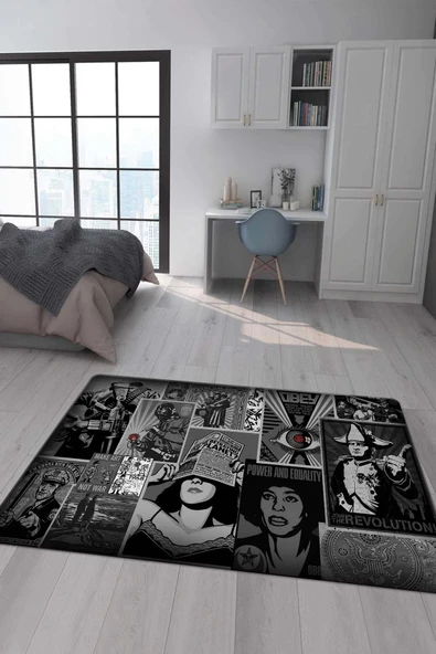 Kaymaz Taban Makinada Yıkanabilir Dijital Baskı Modern Desenli Genç Odası Halısı RENKLİ 100 X 300