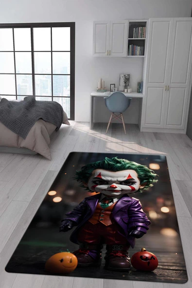 Kaymaz Taban Makinada Yıkanabilir Dijital Baskı Baby Joker Desenli Genç ve Çocuk Odası Halısı Dot Taban Hal RENKLİ 100 X 300