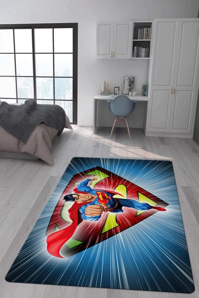 Kaymaz Taban Makinada Yıkanabilir Dijital Baskı Süperman Desenli Genç ve Çocuk Odası Halısı RENKLİ 160 X 230