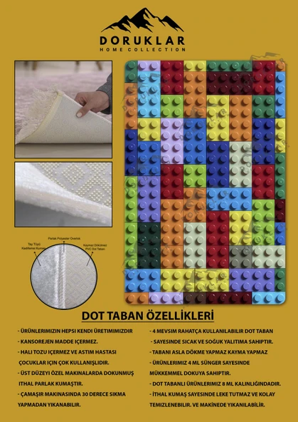 Kaymaz Taban Makinada Yıkanabilir Dijital Baskı LEGO Desenli Genç Halısı Dot Taban Halı RENKLİ 80 X 300 - 2