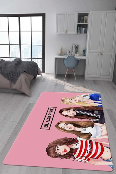 Kaymaz Taban Makinada Yıkanabilir Dijital Baskı Blackpink Desenli Genç ve Çocuk Odası Halısı RENKLİ 140 X 200