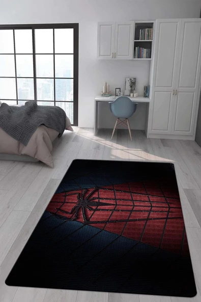 Kaymaz Taban Makinada Yıkanabilir Dijital Baskı SpiderMan Desenli Genç Odası Halısı RENKLİ 120 X 180