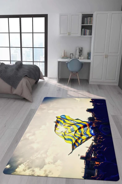 Kaymaz Taban Makinada Yıkanabilir Dijital Baskı Sarı Lacivert Bayrak Desenli Genç ve Çocuk Odası Halısı RENKLİ 80 X 200