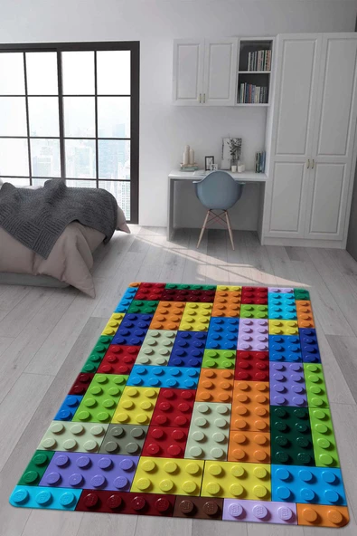 Kaymaz Taban Makinada Yıkanabilir Dijital Baskı LEGO Desenli Genç Halısı Dot Taban Halı RENKLİ 200 X 300