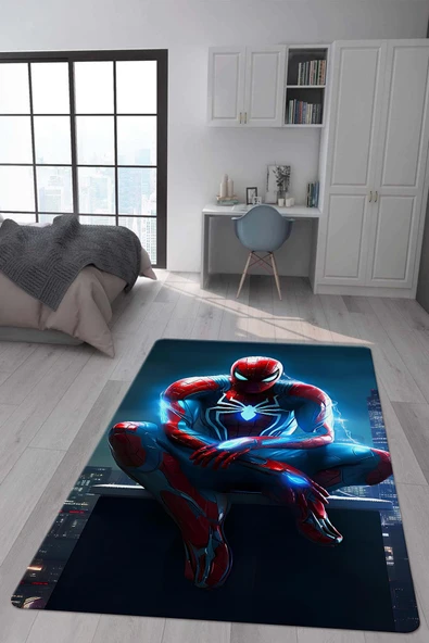 Kaymaz Taban Makinada Yıkanabilir Dijital Baskı SpiderMan Desenli Genç ve Çocuk Odası Halısı Dot Taban Hal RENKLİ 100 X 200
