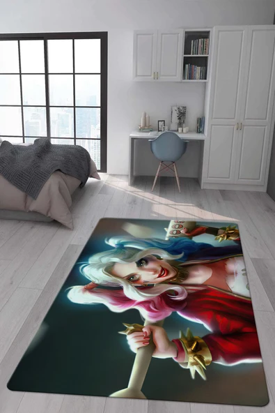 Kaymaz Taban Makinada Yıkanabilir Dijital Baskı Harley Quinn Desenli Genç Odası Halısı RENKLİ 160 X 230