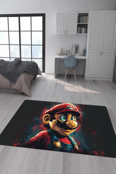 Kaymaz Taban Makinada Yıkanabilir Dijital Baskı Mario Desenli Genç Halısı Dot Taban Halı RENKLİ 100 X 200