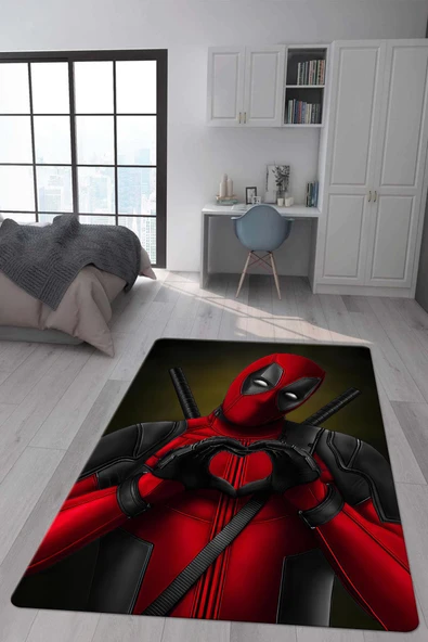 Kaymaz Taban Makinada Yıkanabilir Dijital Baskı Deadpool Desenli Genç ve Çocuk Odası Halısı Dot Taban Hal RENKLİ 120 X 180