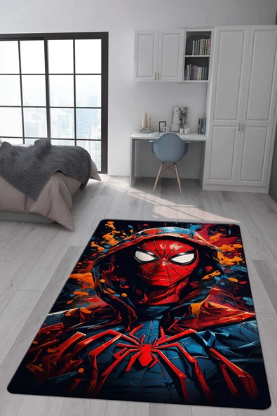 Kaymaz Taban Makinada Yıkanabilir Dijital Baskı SpiderMan Desenli Genç ve Çocuk Odası Halısı Dot Taban Halı RENKLİ 80 X 200