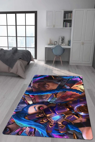 Kaymaz Taban Makinada Yıkanabilir Dijital Baskı Arcane Jinx ve Vi Desenli Genç Odası Halısı Dot Taban Halı RENKLİ 200 X 300