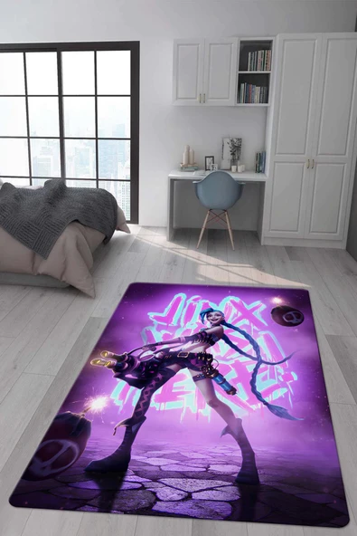 Kaymaz Taban Makinada Yıkanabilir Dijital Baskı Arcane Jinx Desenli Genç Odası Halısı Dot Taban Halı RENKLİ 80 X 150
