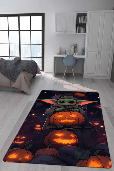 Kaymaz Taban Makinada Yıkanabilir Dijital Baskı Baby Yoda Desenli Genç ve Çocuk Odası Halısı Dot Taban Halı RENKLİ 200 X 300