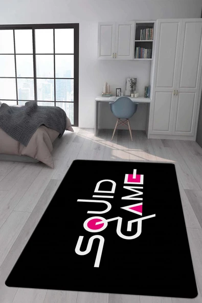 Kaymaz Taban Makinada Yıkanabilir Dijital Baskı Squid Game Desenli Genç Odası Halısı Dot Taban Halı RENKLİ 180 X 280