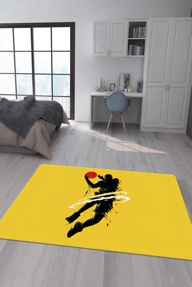 Kaymaz Taban Makinada Yıkanabilir Dijital Baskı Basketbol Desenli Genç Odası Halısı Dot Taban Halı RENKLİ 80 X 150