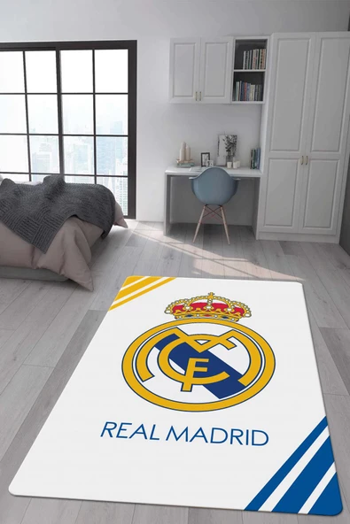 Kaymaz Taban Makinada Yıkanabilir Dijital Baskı Real Madrid Desenli Genç Odası Halısı Dot Taban Halı RENKLİ 80 X 150
