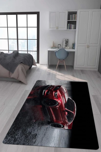 Kaymaz Taban Makinada Yıkanabilir Dijital Baskı Spor Araba Desenli Genç Odası Halısı Dot Taban Halı RENKLİ 200 X 300