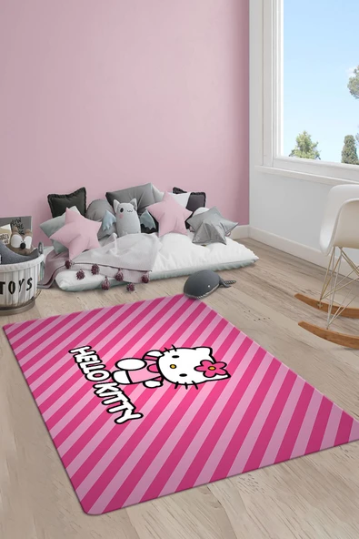 Kaymaz Taban Makinada Yıkanabilir Dijital Baskı Hello Kitty Desenli Genç ve Çocuk Odası Halısı Dot Taban Halı RENKLİ 160 X 230