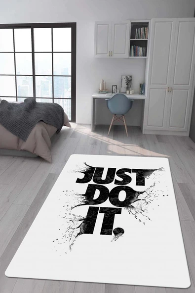 Kaymaz Taban Makinada Yıkanabilir Dijital Baskı Just Do It Desenli Genç Odası Halısı Dot Taban Halı RENKLİ 160 X 230