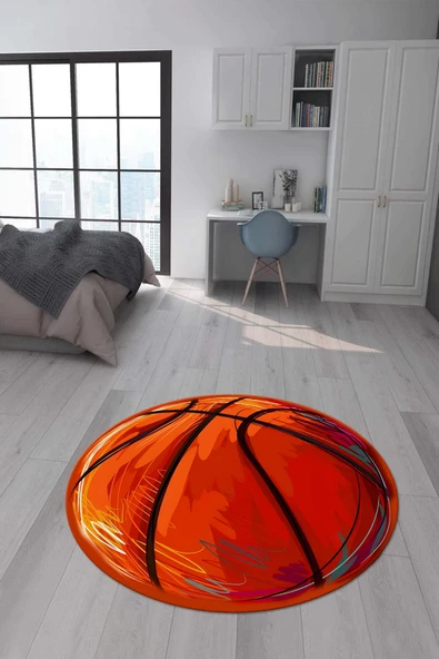 Kaymaz Taban Makinada Yıkanabilir Dijital Baskı Basketbol Topu Desenli Genç Odası Halısı Dot Taban Halı RENKLİ 180 X 180