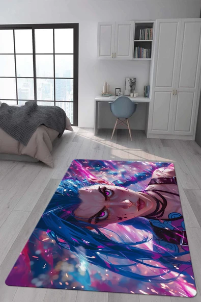 Kaymaz Taban Makinada Yıkanabilir Dijital Baskı Arcane Jinx Desenli Genç Odası Halısı Dot Taban Halı RENKLİ 80 X 150