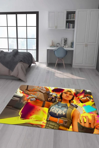 Kaymaz Taban Makinada Yıkanabilir Dijital Baskı Valorant Raze Desenli Genç Odası ve Çocuk Odası Halısı Dot Taban Halı RENKLİ 180 X 280