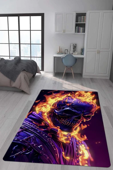Kaymaz Taban Makinada Yıkanabilir Dijital Baskı Ghost Rider Desenli Genç Odası ve Çocuk Odası Halısı Dot Taban Halı RENKLİ 100 X 200