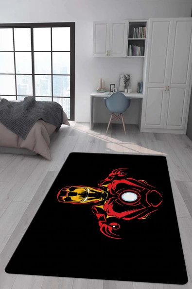 Kaymaz Taban Makinada Yıkanabilir Dijital Baskı İron Man Desenli Genç Odası ve Çocuk Odası Halısı Dot Taban Halı RENKLİ 200 X 300