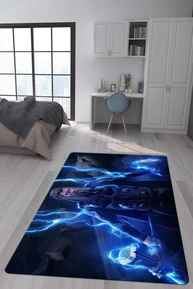Kaymaz Taban Makinada Yıkanabilir Dijital Baskı Thor Mjölnir Desenli Genç Odası ve Çocuk Odası Halısı Dot Taban Halı RENKLİ 100 X 200