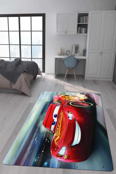 Kaymaz Taban Makinada Yıkanabilir Dijital Baskı Şimşek Mcqueen Desenli Genç Odası ve Çocuk Odası Halısı Dot Taban Halı RENKLİ 100 X 200