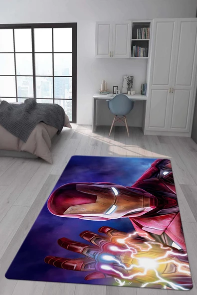Kaymaz Taban Makinada Yıkanabilir Dijital Baskı İron Man Desenli Genç Odası ve Çocuk Odası Halısı Dot Taban Halı RENKLİ 120 X 180