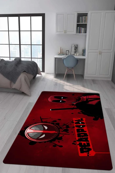 Kaymaz Taban Makinada Yıkanabilir Dijital Baskı Deadpool Desenli Genç Odası ve Çocuk Odası Halısı Dot Taban Halı RENKLİ 80 X 150