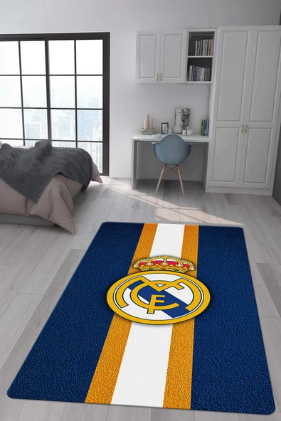 Kaymaz Taban Makinada Yıkanabilir Dijital Baskı Real Madrid Desenli Genç Odası ve Çocuk Odası Halısı Dot Taban Halı RENKLİ 140 X 200