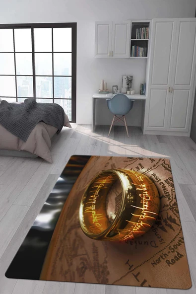 Kaymaz Taban Makinada Yıkanabilir Dijital Baskı Yüzüklerin Efendisi Desenli Genç Odası ve Çocuk Odası Halısı Dot Taban Halı RENKLİ 80 X 200