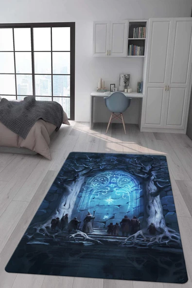 Kaymaz Taban Makinada Yıkanabilir Dijital Baskı Yüzüklerin Efendisi Desenli Genç Odası ve Çocuk Odası Halısı Dot Taban Halı RENKLİ 120 X 180