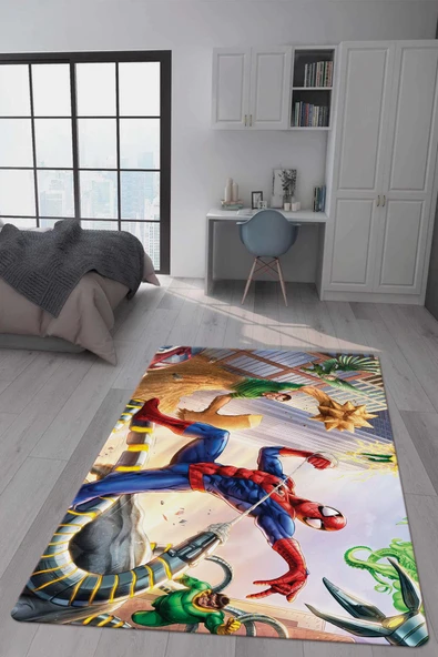Kaymaz Taban Makinada Yıkanabilir Dijital Baskı Spiderman Desenli Çocuk Odası Halısı Dot Taban Halı RENKLİ 140 X 200