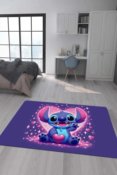 Kaymaz Taban Makinada Yıkanabilir Dijital Baskı Stitch Desenli Çocuk Odası Halısı Dot Taban Halı 0004 RENKLİ 80 X 300