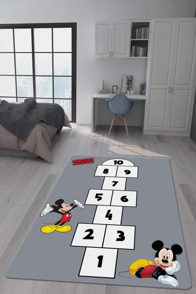 Kaymaz Taban Makinada Yıkanabilir Dijital Baskı Mickey Seksek Desenli Çocuk Odası Halısı Dot Taban Halı RENKLİ 140 X 200