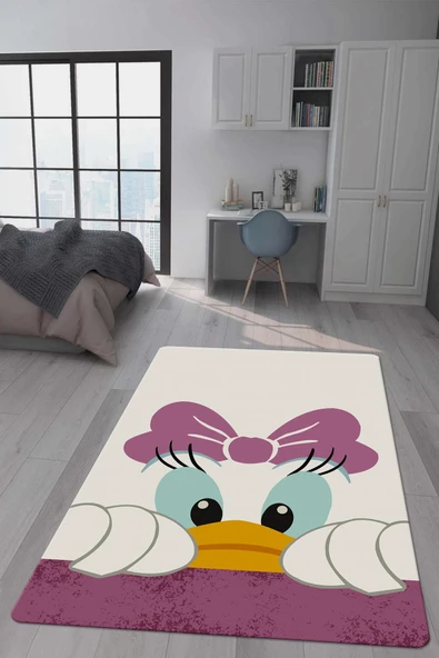 Kaymaz Taban Makinada Yıkanabilir Dijital Baskı Duffy Desenli Çocuk Odası Halısı Dot Taban Halı RENKLİ 140 X 200