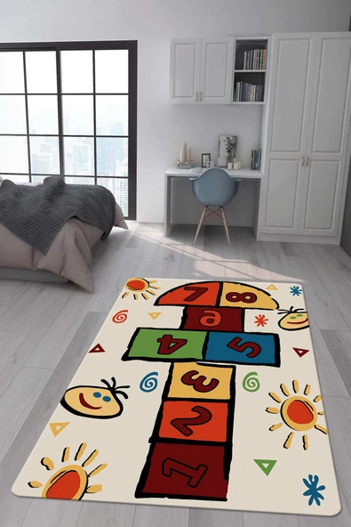 Kaymaz Taban Makinada Yıkanabilir Dijital Baskı Seksek Desenli Çocuk Odası Halısı Dot Taban Halı RENKLİ 80 X 150
