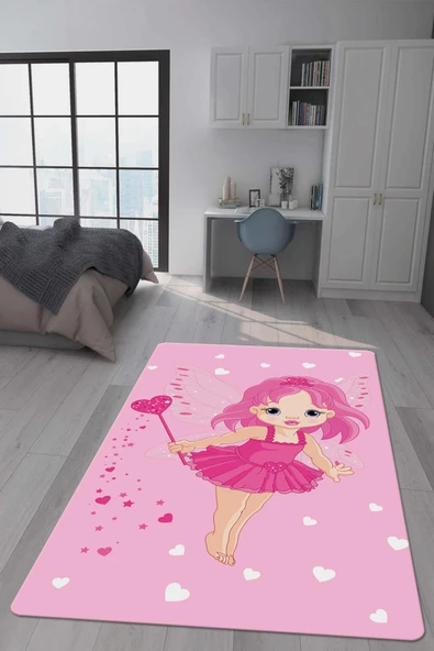Kaymaz Taban Makinada Yıkanabilir Dijital Baskı Peri Kızı Desenli Çocuk Odası Halısı Dot Taban Halı RENKLİ 200 X 300